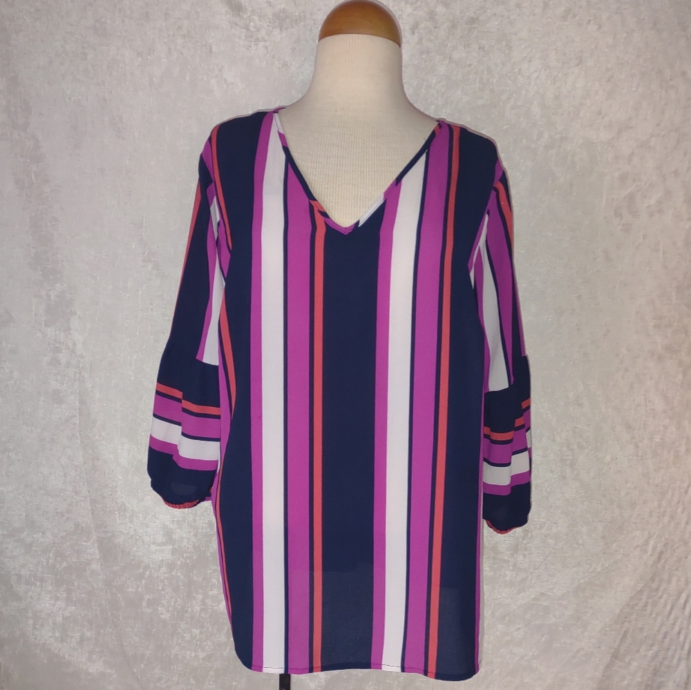 Massini Top Striped Purple, Blue, Coral  V-Neck Cutout Back 3/4 Puffy Sleeve XL
